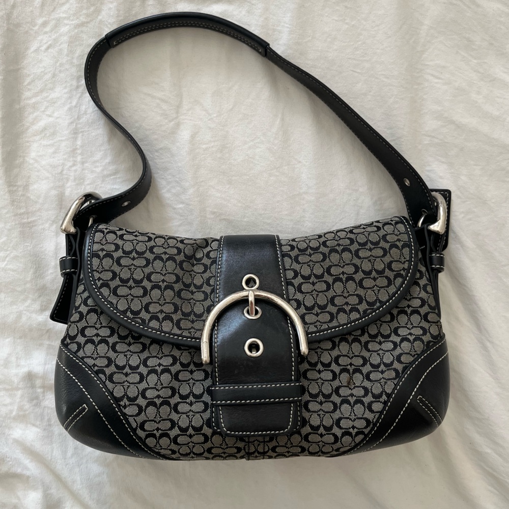 AUTHENTIC COACH SOHO BLACK LEATHER AND CANVAS HANDBAG PURSE D06W-6818